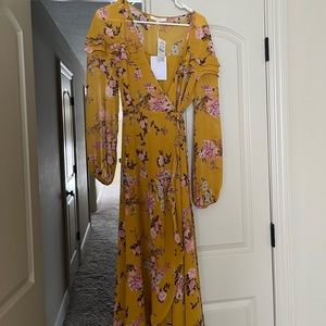 Golden yellow floral wrap dress